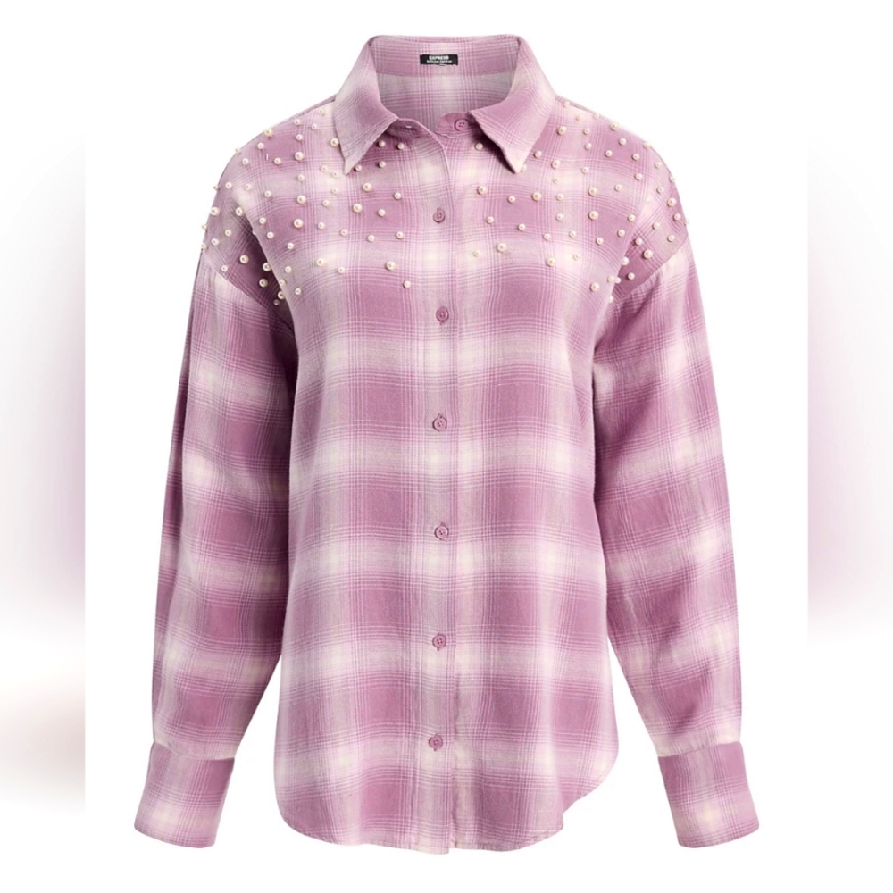 Express plaid boyfriend portofino shirt with pearls - Sz Large - ✨NWT✨